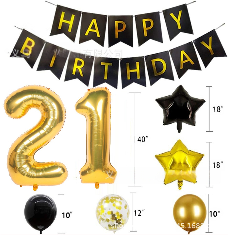40 colių skersmens tarpvalstybinis aliuminio folijos skaitmeninis juodo aukso spalvos balionas su vėliavėle ir blizgučiais, derinant tematinį gimtadienio vakarėlio dekoravimą tarpvalstybiniu stiliumi