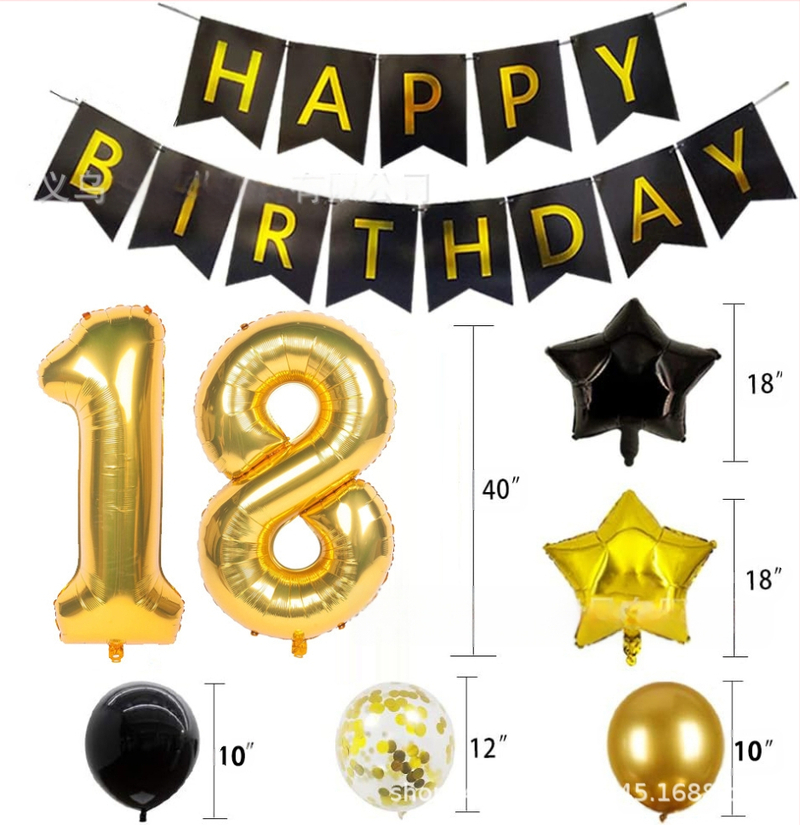 40 colių skersmens tarpvalstybinis aliuminio folijos skaitmeninis juodo aukso spalvos balionas su vėliavėle ir blizgučiais, derinant tematinį gimtadienio vakarėlio dekoravimą tarpvalstybiniu stiliumi