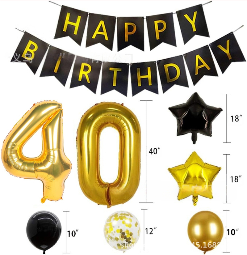 40 colių skersmens tarpvalstybinis aliuminio folijos skaitmeninis juodo aukso spalvos balionas su vėliavėle ir blizgučiais, derinant tematinį gimtadienio vakarėlio dekoravimą tarpvalstybiniu stiliumi