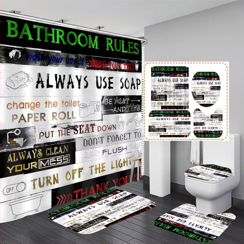 Puitmustriga dušikardina komplekt vannituppa, 4 osa mustast vannitoatarvikust, dekoratiivne U-kujuline padi