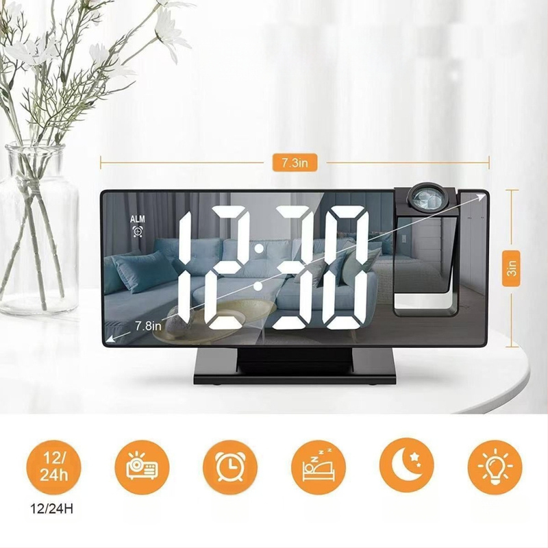 Ceas deșteptător cu proiecție în oglindă nouă, ecran mare, amânare mută, ceas electronic multifuncțional, ceas de birou digital luminos inteligent