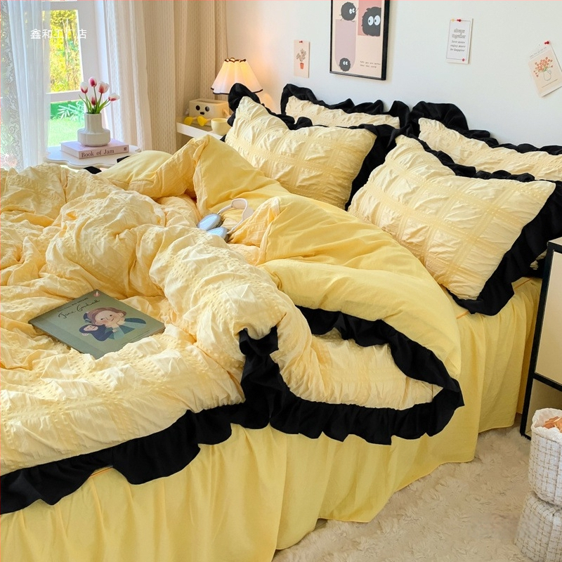 Korėjietiško stiliaus juodas nėriniuotas keturių dalių lovos sijonas su užtiesalu mergaitėms, paklodės užvalkalas studentų bendrabučiui, trijų dalių komplektas