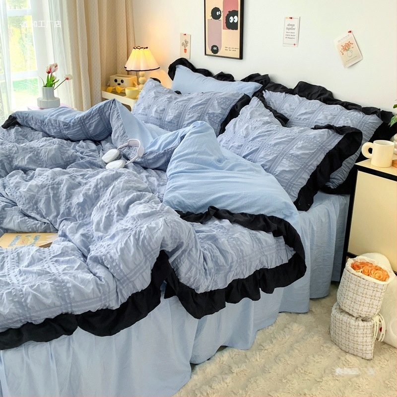 Korėjietiško stiliaus juodas nėriniuotas keturių dalių lovos sijonas su užtiesalu mergaitėms, paklodės užvalkalas studentų bendrabučiui, trijų dalių komplektas