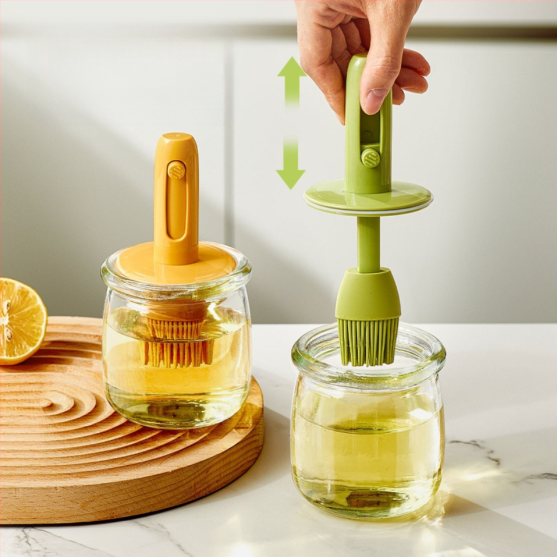 Teleskopinis aliejaus šepetėlio butelis buitinei virtuvei, atsparus aukštai temperatūrai, stiklinis silikoninis šepetėlio aliejaus butelis lauko kepsninei kepimui „viskas viename“ aliejaus butelis