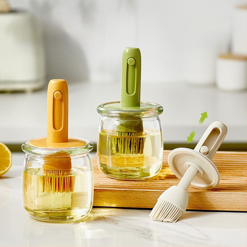 Teleskopinis aliejaus šepetėlio butelis buitinei virtuvei, atsparus aukštai temperatūrai, stiklinis silikoninis šepetėlio aliejaus butelis lauko kepsninei kepimui „viskas viename“ aliejaus butelis