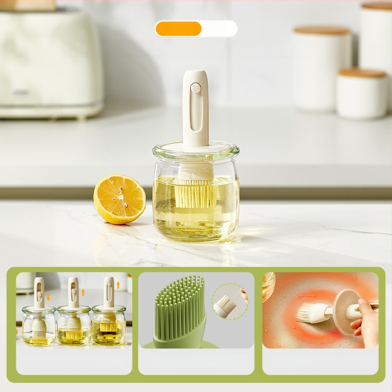 Teleskopinis aliejaus šepetėlio butelis buitinei virtuvei, atsparus aukštai temperatūrai, stiklinis silikoninis šepetėlio aliejaus butelis lauko kepsninei kepimui „viskas viename“ aliejaus butelis