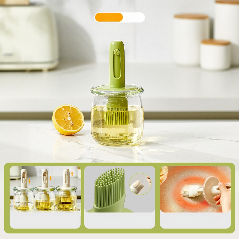 Teleskopinis aliejaus šepetėlio butelis buitinei virtuvei, atsparus aukštai temperatūrai, stiklinis silikoninis šepetėlio aliejaus butelis lauko kepsninei kepimui „viskas viename“ aliejaus butelis