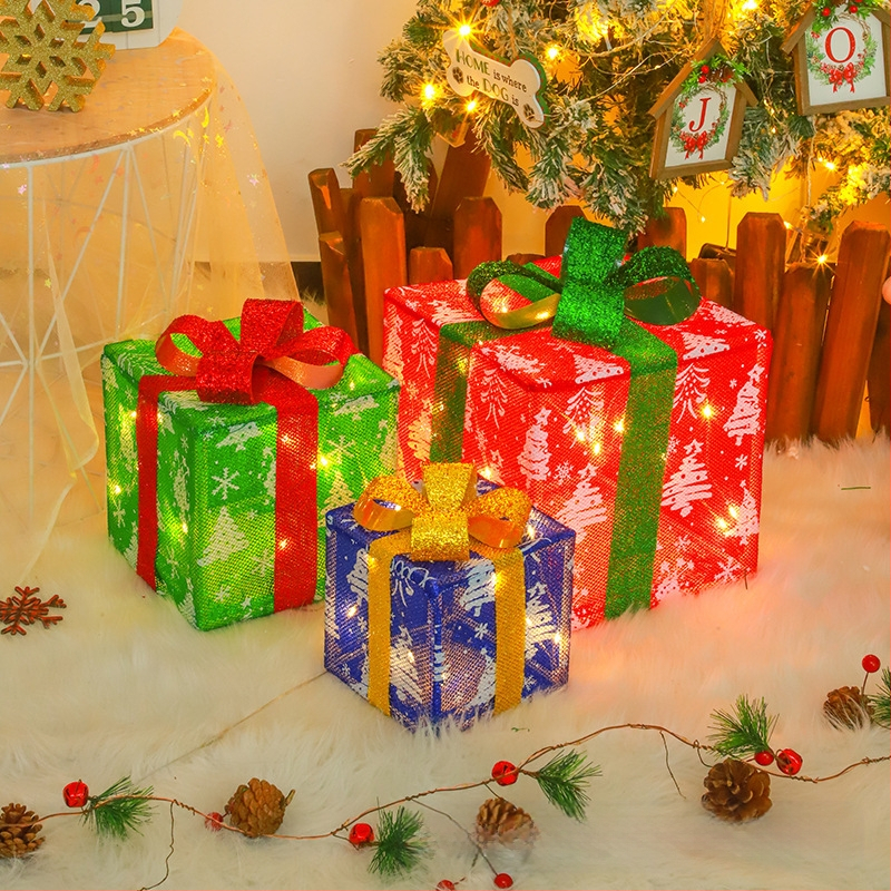 Kalėdinių šviečiančių dovanų dėžučių rinkinys, trys LED kalėdinių dovanų dėžutės, tinkančios Kalėdinių dovanų dėžutės lempai, interjero dekoravimo lempai