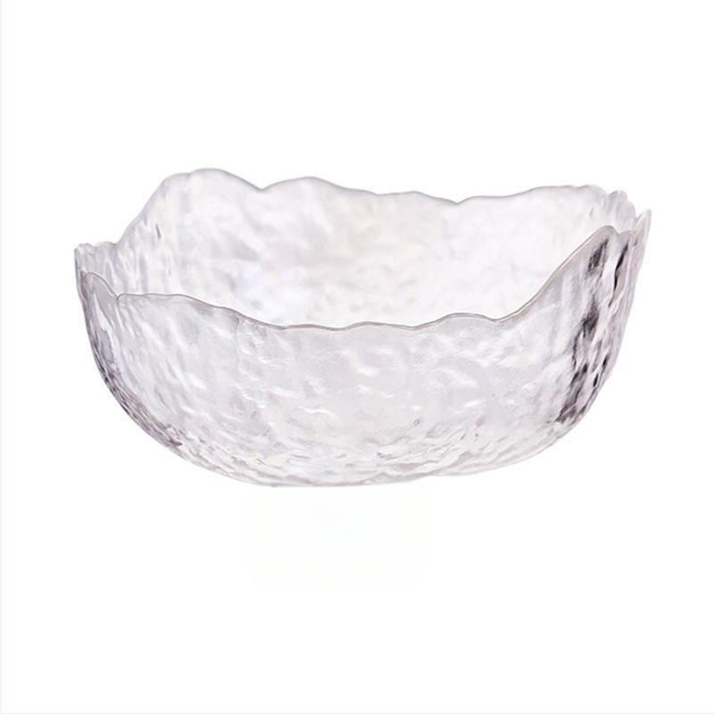 Haamriga töödeldud ebakorrapärane kuldse äärega klaasist salatikauss koduseks kasutamiseks, läbipaistev majapidamiskauss, luksusliku ilmega puuviljakauss