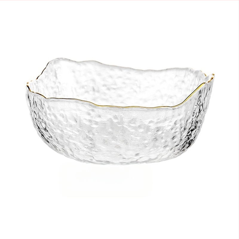 Haamriga töödeldud ebakorrapärane kuldse äärega klaasist salatikauss koduseks kasutamiseks, läbipaistev majapidamiskauss, luksusliku ilmega puuviljakauss