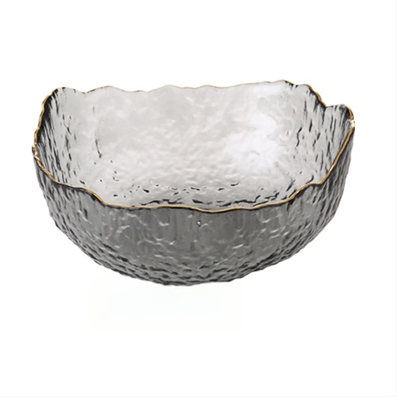 Haamriga töödeldud ebakorrapärane kuldse äärega klaasist salatikauss koduseks kasutamiseks, läbipaistev majapidamiskauss, luksusliku ilmega puuviljakauss