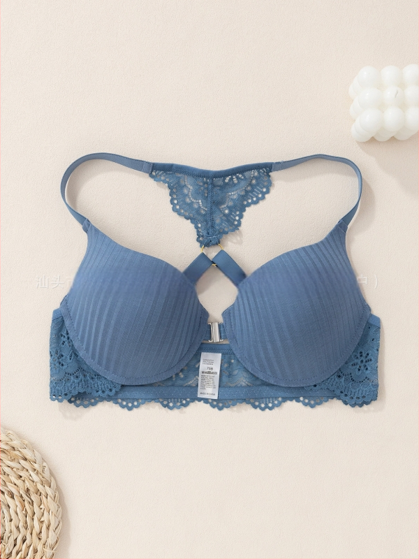 Euroopa ja Ameerika piiriülene aluspesu Amazoni uus seksikas triibuline rinnahoidja, esiosa pandlaga, push-up trükitud pitsist seljaga rinnahoidja