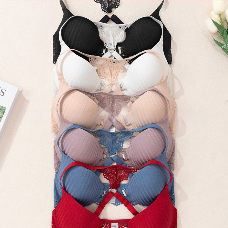 Euroopa ja Ameerika piiriülene aluspesu Amazoni uus seksikas triibuline rinnahoidja, esiosa pandlaga, push-up trükitud pitsist seljaga rinnahoidja