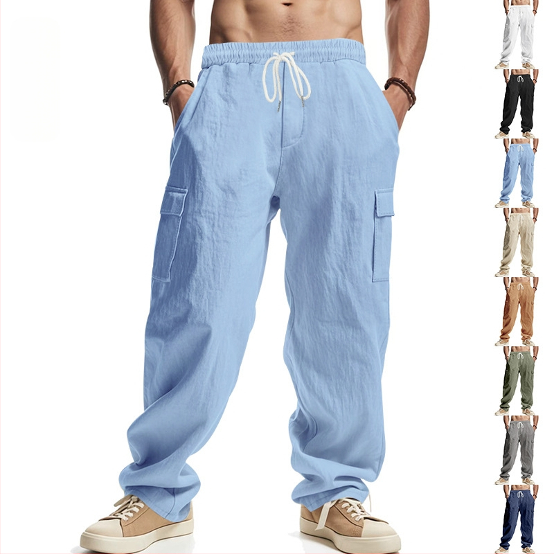 Határokon átnyúló Amazon férfi lenvászon négy évszakos vékony, lélegző munkaruha több zsebes, laza, hétköznapi, divatos, széles szárú nadrág férfiaknak