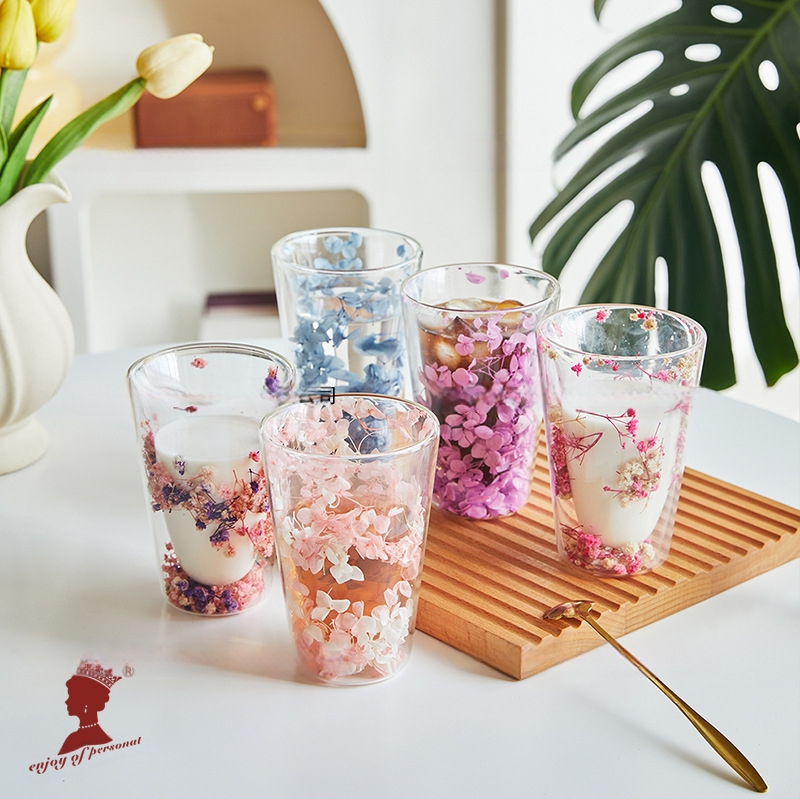Valódi virágos kétrétegű üveg nagykereskedelmi internetes híresség lány háztartási gyümölcslé pohár magas boroszilikát hőszigetelt valódi virágos kétrétegű üveg
