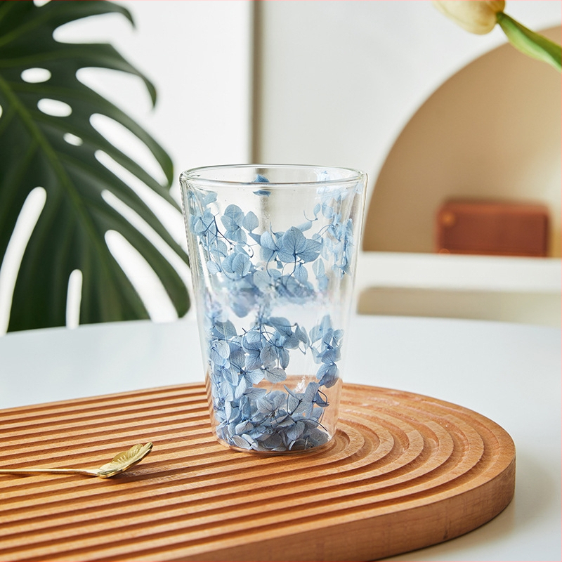 Valódi virágos kétrétegű üveg nagykereskedelmi internetes híresség lány háztartási gyümölcslé pohár magas boroszilikát hőszigetelt valódi virágos kétrétegű üveg