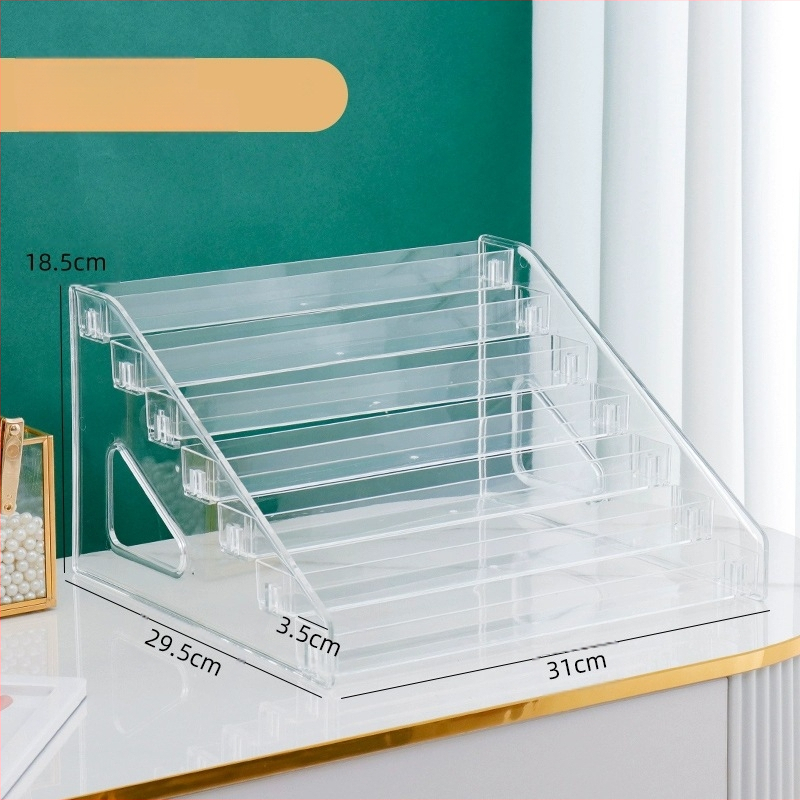 Astmeline lauvärvi taldriku hoiuriiul lauale, läbipaistev kihiline kosmeetika hoiukarp, tualettlaud, küünelakk, parfüümiriiul