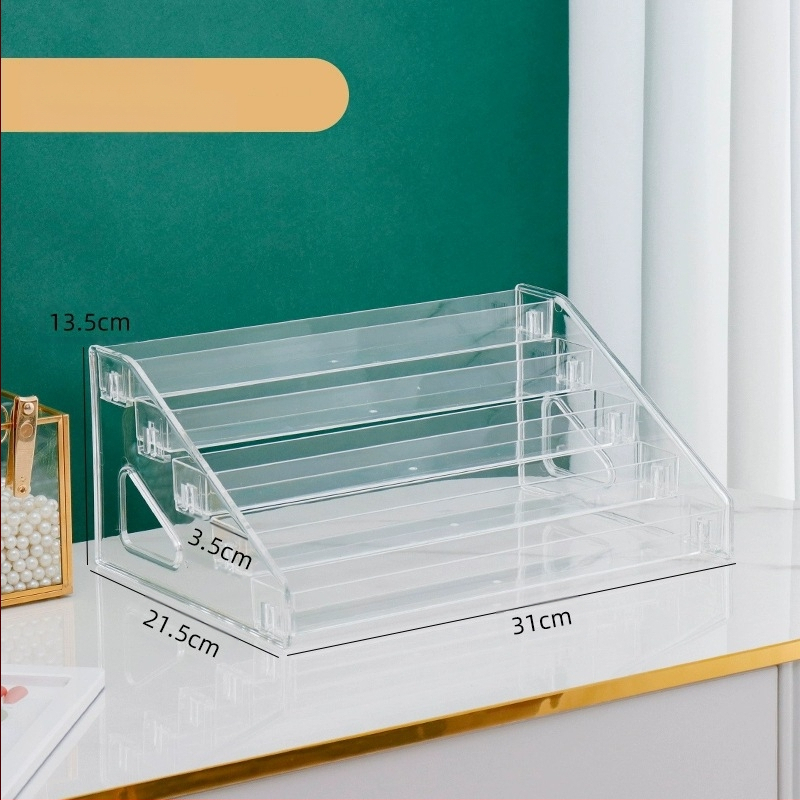 Astmeline lauvärvi taldriku hoiuriiul lauale, läbipaistev kihiline kosmeetika hoiukarp, tualettlaud, küünelakk, parfüümiriiul