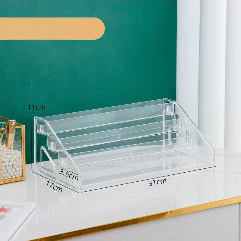 Astmeline lauvärvi taldriku hoiuriiul lauale, läbipaistev kihiline kosmeetika hoiukarp, tualettlaud, küünelakk, parfüümiriiul