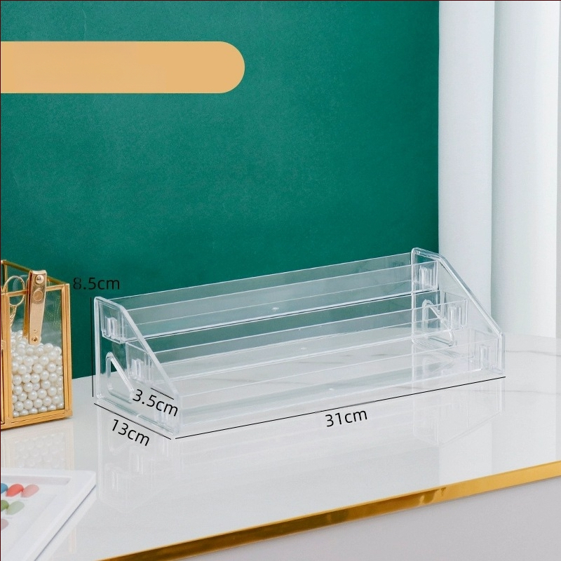 Astmeline lauvärvi taldriku hoiuriiul lauale, läbipaistev kihiline kosmeetika hoiukarp, tualettlaud, küünelakk, parfüümiriiul