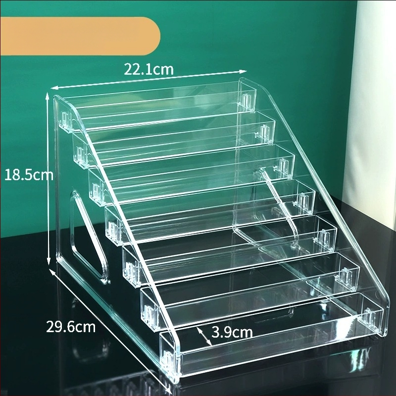 Astmeline lauvärvi taldriku hoiuriiul lauale, läbipaistev kihiline kosmeetika hoiukarp, tualettlaud, küünelakk, parfüümiriiul