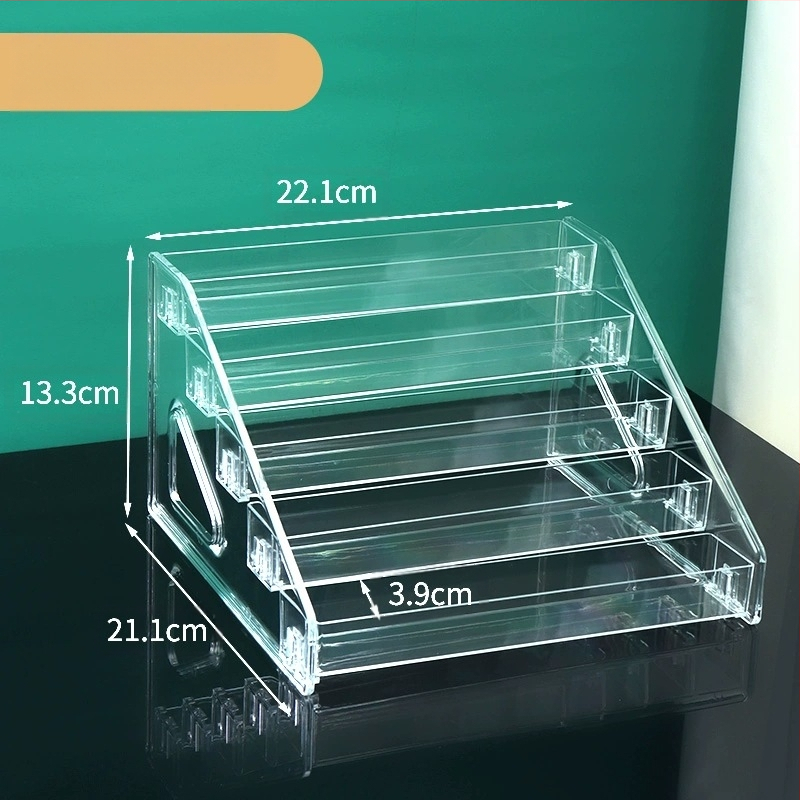 Astmeline lauvärvi taldriku hoiuriiul lauale, läbipaistev kihiline kosmeetika hoiukarp, tualettlaud, küünelakk, parfüümiriiul