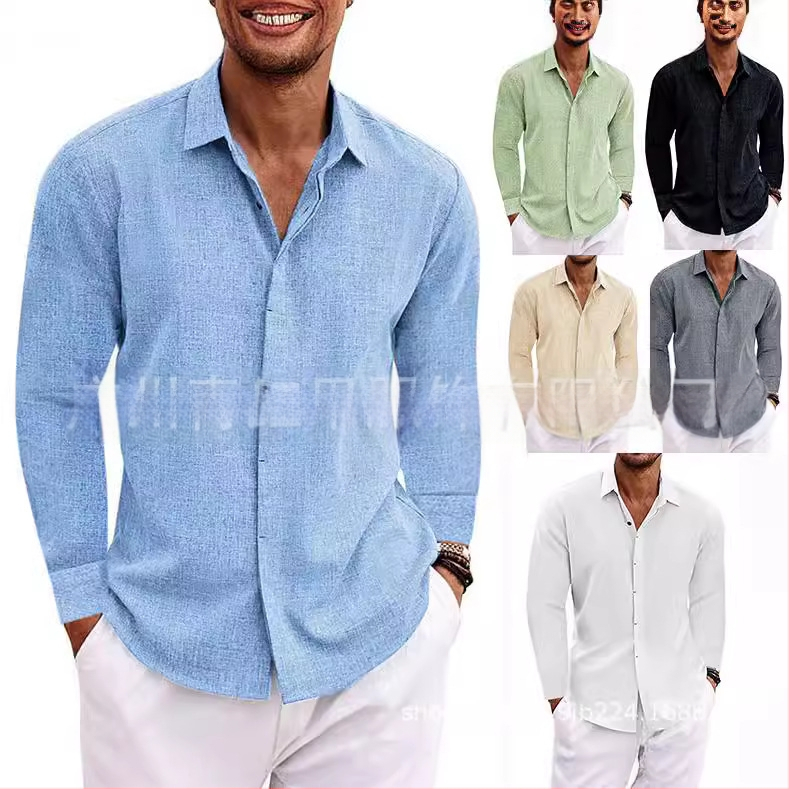 Férfi lenvászon hosszú ujjú póló, laza alsóing, tiszta színű pamut és lenvászon ing, nagy méret, lezser, sokoldalú, divatos munkaruházat