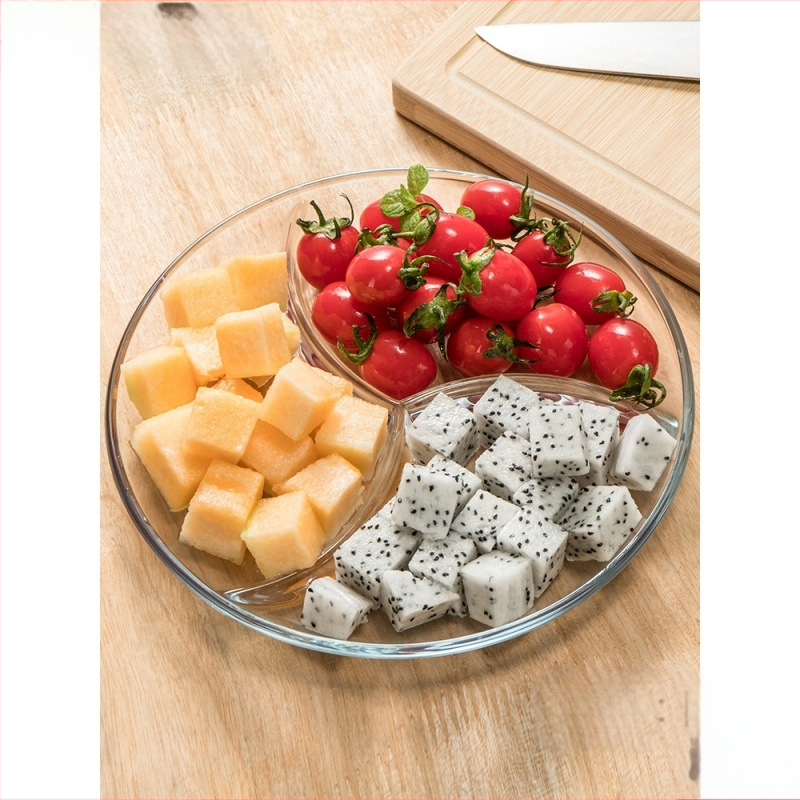 Grūdinto stiklo trijų skyrių lėkštė pusryčių stalo reikmenys valgomojo lėkštė atskiriamoji lėkštė namų apyvokos vaisių lėkštė daugiafunkcinė indų lėkštė