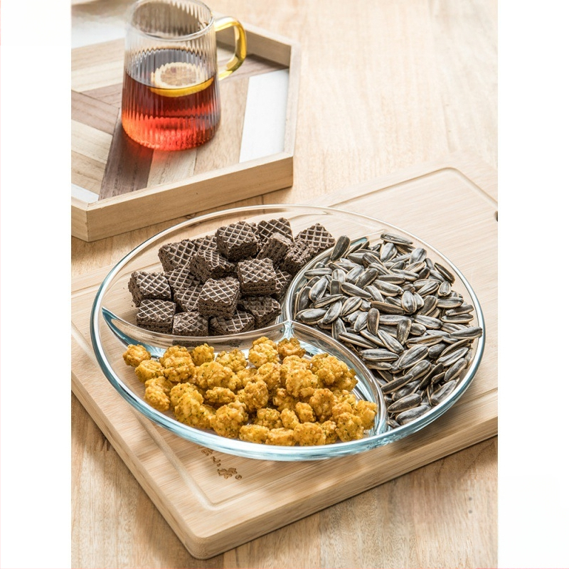 Grūdinto stiklo trijų skyrių lėkštė pusryčių stalo reikmenys valgomojo lėkštė atskiriamoji lėkštė namų apyvokos vaisių lėkštė daugiafunkcinė indų lėkštė