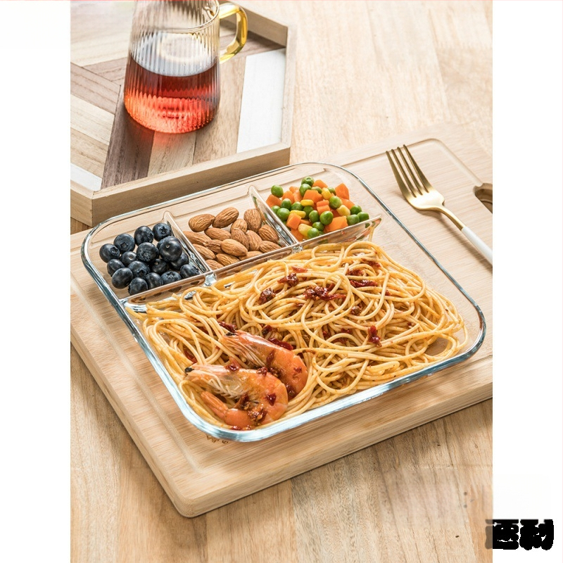 Grūdinto stiklo trijų skyrių lėkštė pusryčių stalo reikmenys valgomojo lėkštė atskiriamoji lėkštė namų apyvokos vaisių lėkštė daugiafunkcinė indų lėkštė