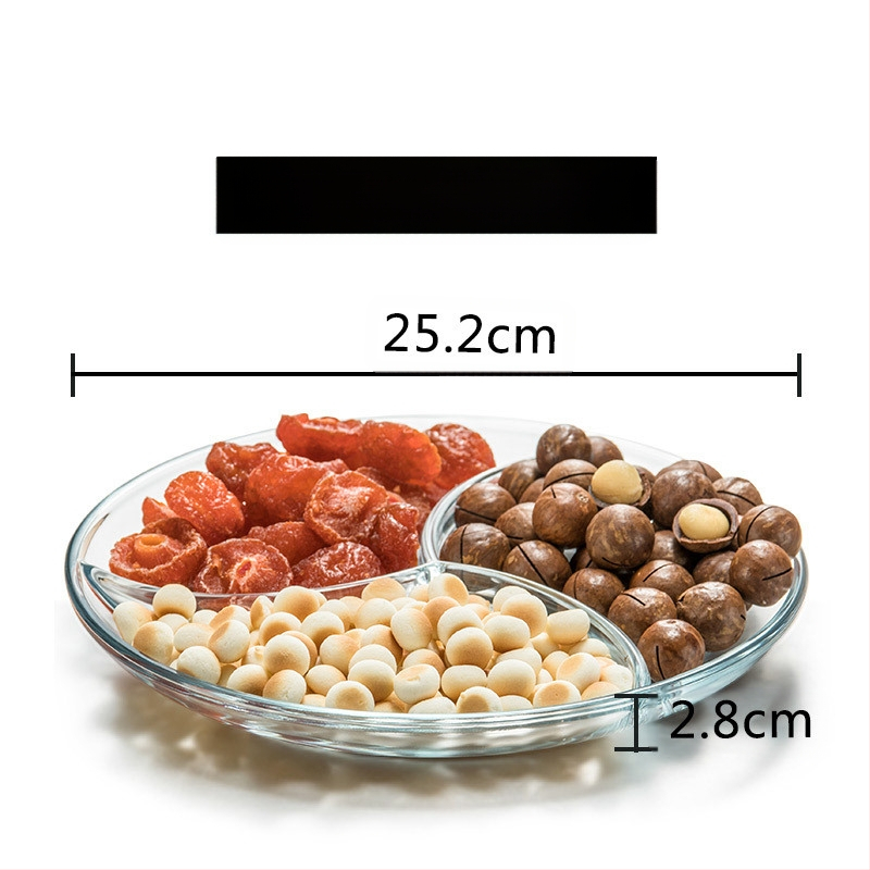 Grūdinto stiklo trijų skyrių lėkštė pusryčių stalo reikmenys valgomojo lėkštė atskiriamoji lėkštė namų apyvokos vaisių lėkštė daugiafunkcinė indų lėkštė