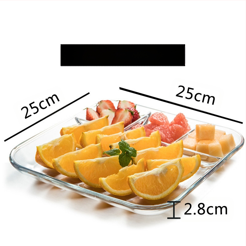 Grūdinto stiklo trijų skyrių lėkštė pusryčių stalo reikmenys valgomojo lėkštė atskiriamoji lėkštė namų apyvokos vaisių lėkštė daugiafunkcinė indų lėkštė