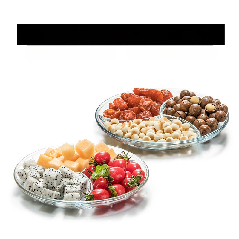 Grūdinto stiklo trijų skyrių lėkštė pusryčių stalo reikmenys valgomojo lėkštė atskiriamoji lėkštė namų apyvokos vaisių lėkštė daugiafunkcinė indų lėkštė