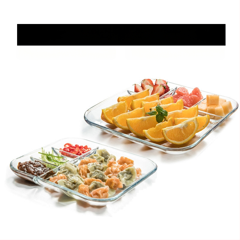 Grūdinto stiklo trijų skyrių lėkštė pusryčių stalo reikmenys valgomojo lėkštė atskiriamoji lėkštė namų apyvokos vaisių lėkštė daugiafunkcinė indų lėkštė