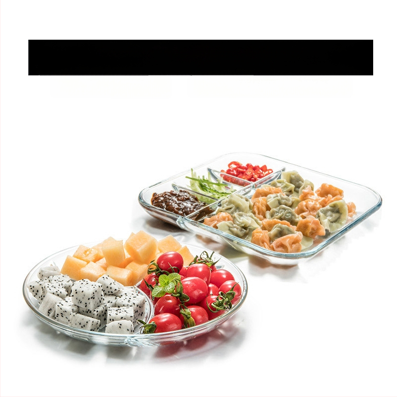 Grūdinto stiklo trijų skyrių lėkštė pusryčių stalo reikmenys valgomojo lėkštė atskiriamoji lėkštė namų apyvokos vaisių lėkštė daugiafunkcinė indų lėkštė