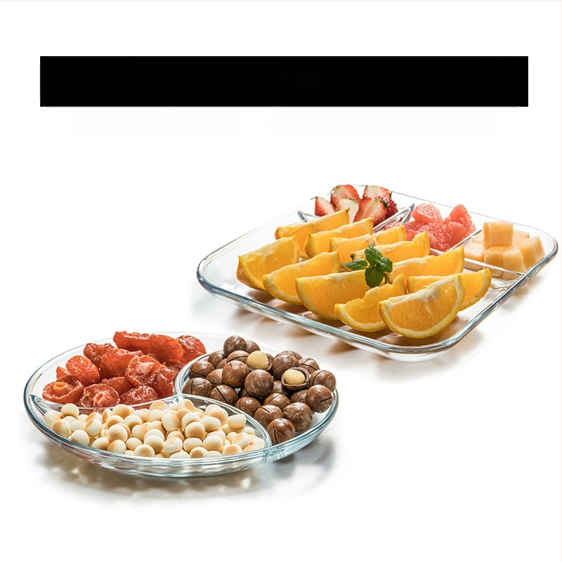 Grūdinto stiklo trijų skyrių lėkštė pusryčių stalo reikmenys valgomojo lėkštė atskiriamoji lėkštė namų apyvokos vaisių lėkštė daugiafunkcinė indų lėkštė