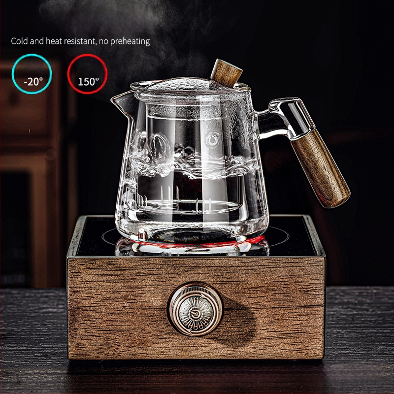 Borosilikaatklaasist pott piaoyi tass kõrge temperatuurikindel teekann tee eraldamine puidust käepide lilleline teekann majapidamises tee valmistamise teekomplekt