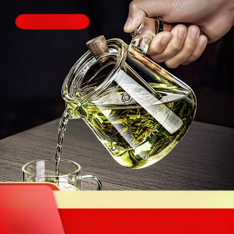 Borosilikaatklaasist pott piaoyi tass kõrge temperatuurikindel teekann tee eraldamine puidust käepide lilleline teekann majapidamises tee valmistamise teekomplekt