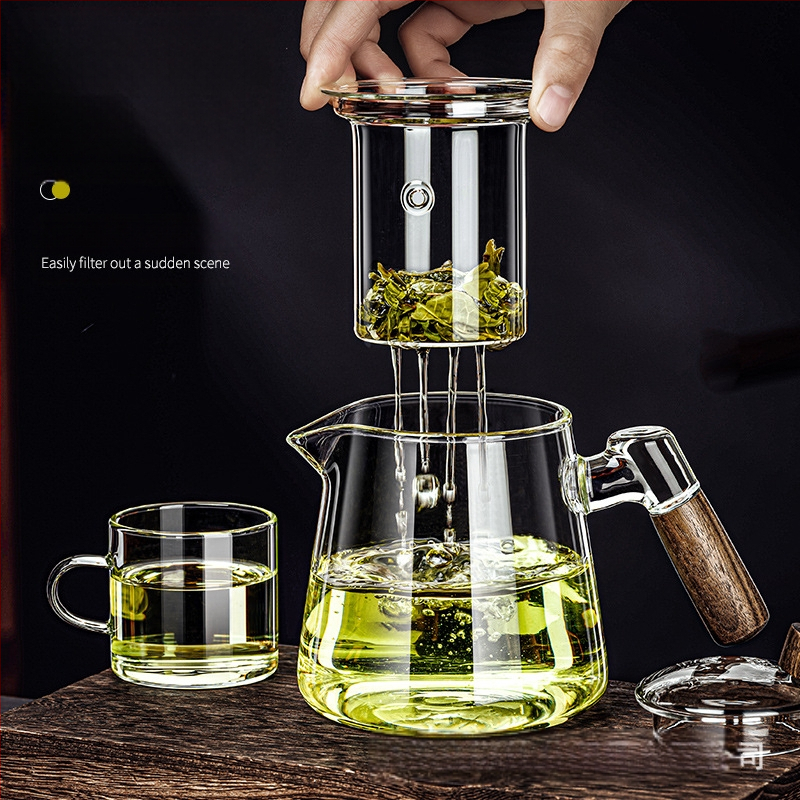 Borosilikaatklaasist pott piaoyi tass kõrge temperatuurikindel teekann tee eraldamine puidust käepide lilleline teekann majapidamises tee valmistamise teekomplekt