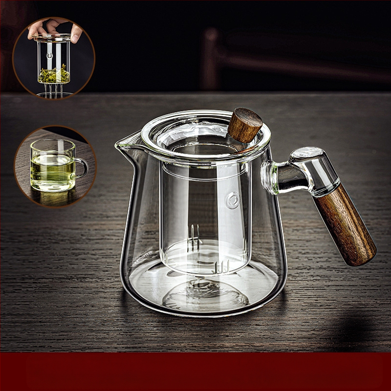 Borosilikaatklaasist pott piaoyi tass kõrge temperatuurikindel teekann tee eraldamine puidust käepide lilleline teekann majapidamises tee valmistamise teekomplekt