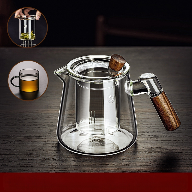 Borosilikaatklaasist pott piaoyi tass kõrge temperatuurikindel teekann tee eraldamine puidust käepide lilleline teekann majapidamises tee valmistamise teekomplekt