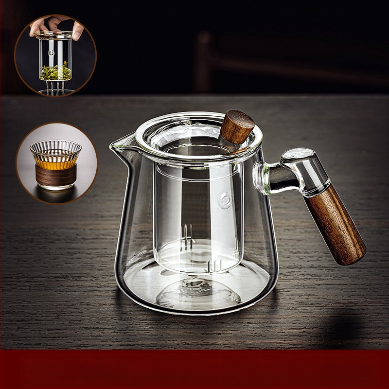 Borosilikaatklaasist pott piaoyi tass kõrge temperatuurikindel teekann tee eraldamine puidust käepide lilleline teekann majapidamises tee valmistamise teekomplekt