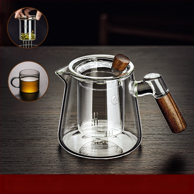 Borosilikaatklaasist pott piaoyi tass kõrge temperatuurikindel teekann tee eraldamine puidust käepide lilleline teekann majapidamises tee valmistamise teekomplekt
