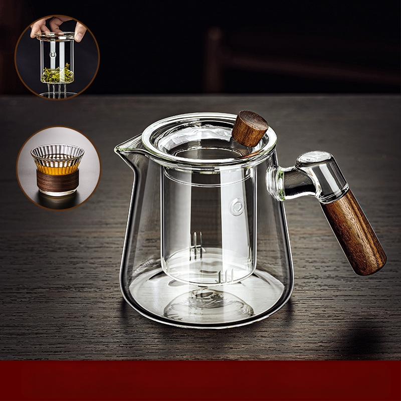 Borosilikaatklaasist pott piaoyi tass kõrge temperatuurikindel teekann tee eraldamine puidust käepide lilleline teekann majapidamises tee valmistamise teekomplekt