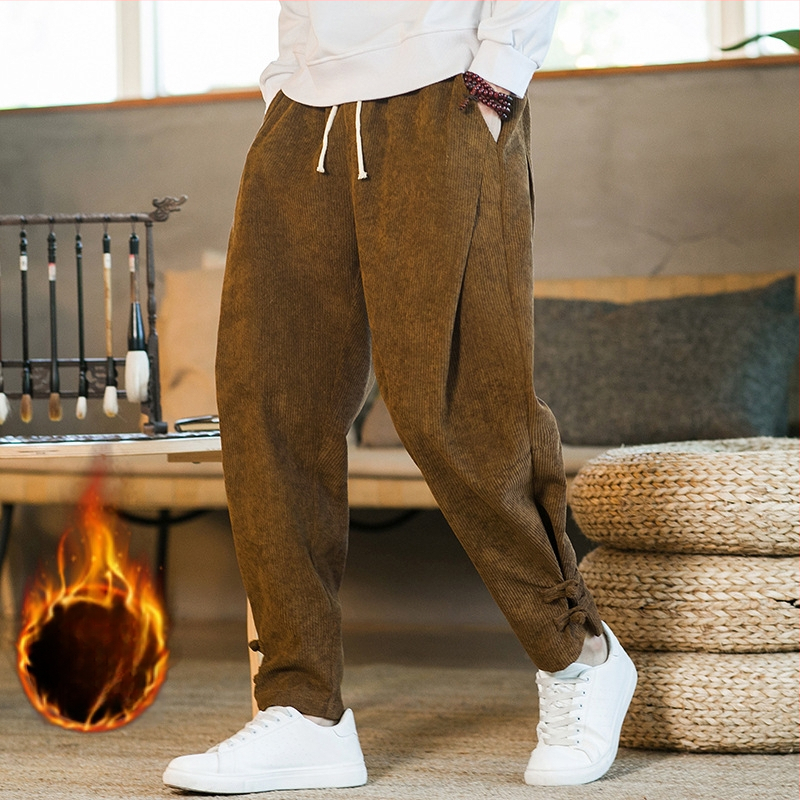 Kordbársony nadrág Férfi kínai stílusú őszi-téli polár béléssel Vastagított lezser nadrág Laza egyenes szárú nadrág plus size Harlan nadrág