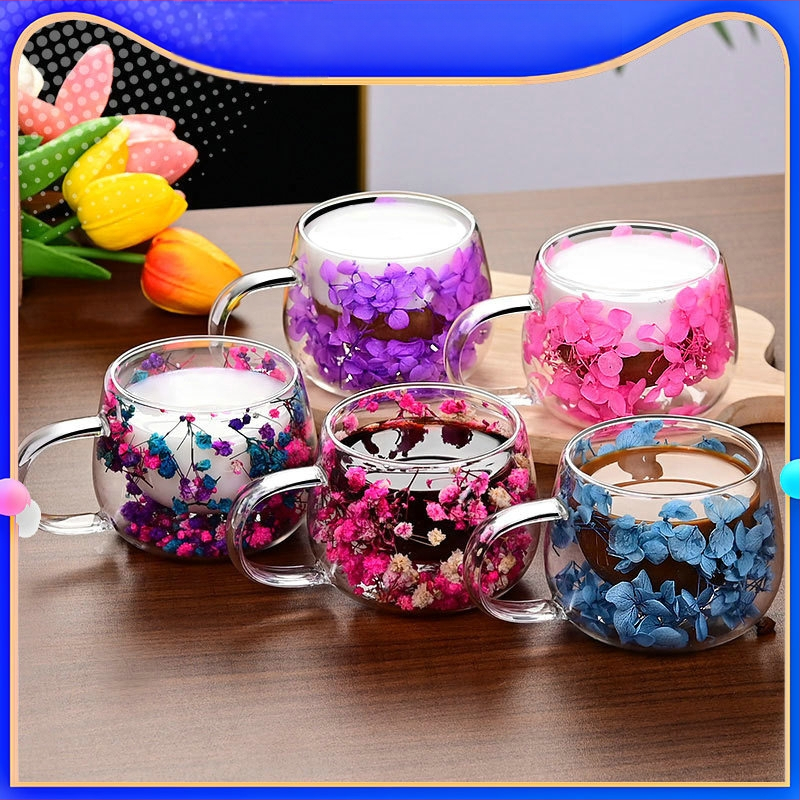 Határokon átnyúló univerzális internetes híresség valódi virág kétrétegű üveg magas színű értékű kísérő ajándék kávéscsésze boroszilikát egyszerű csésze