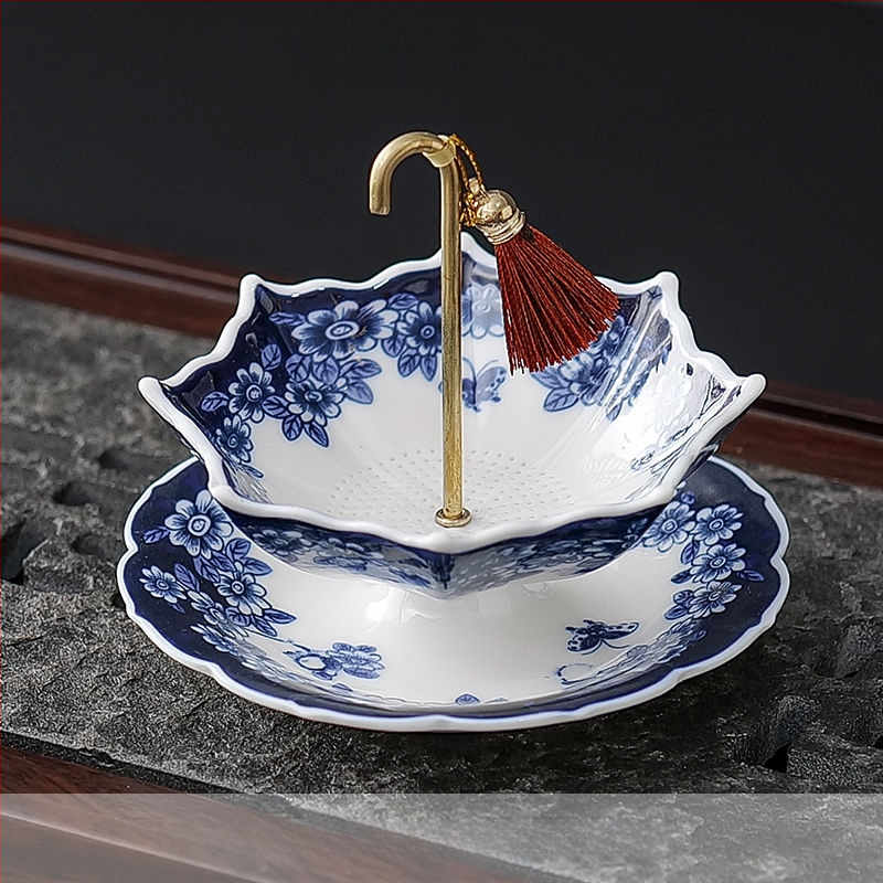 Kūrybingas mėlynas ir gėlėtas skėtis su arbatos nuotėkiu arbatos filtras keraminis arbatos filtras arbatos ceremonijos aksesuarai arbatos staliukas arbatos stalo dekoracijos papuošalai