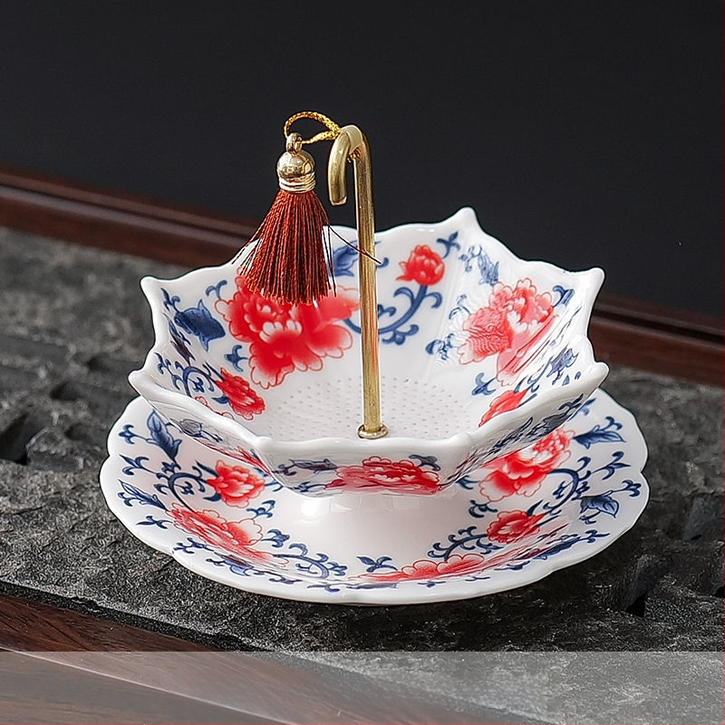 Kūrybingas mėlynas ir gėlėtas skėtis su arbatos nuotėkiu arbatos filtras keraminis arbatos filtras arbatos ceremonijos aksesuarai arbatos staliukas arbatos stalo dekoracijos papuošalai