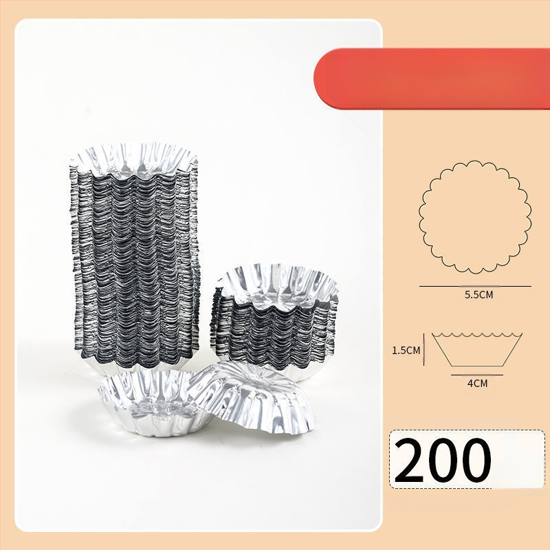 Ühekordselt kasutatav krüsanteemikoogi vorm, ümmargune plekkfooliumist tass, munakoogipuding, hobuserauakujuline koogisupi täidisekott, plekk-paberikauss