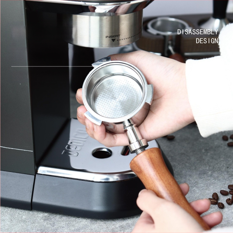 Itališko kavos aparato rankena, kavos masyvo medžio rankena, nerūdijančio plieno, trijų ausų kavos rankena, Delong, dugno neturinti rankena, 51 mm